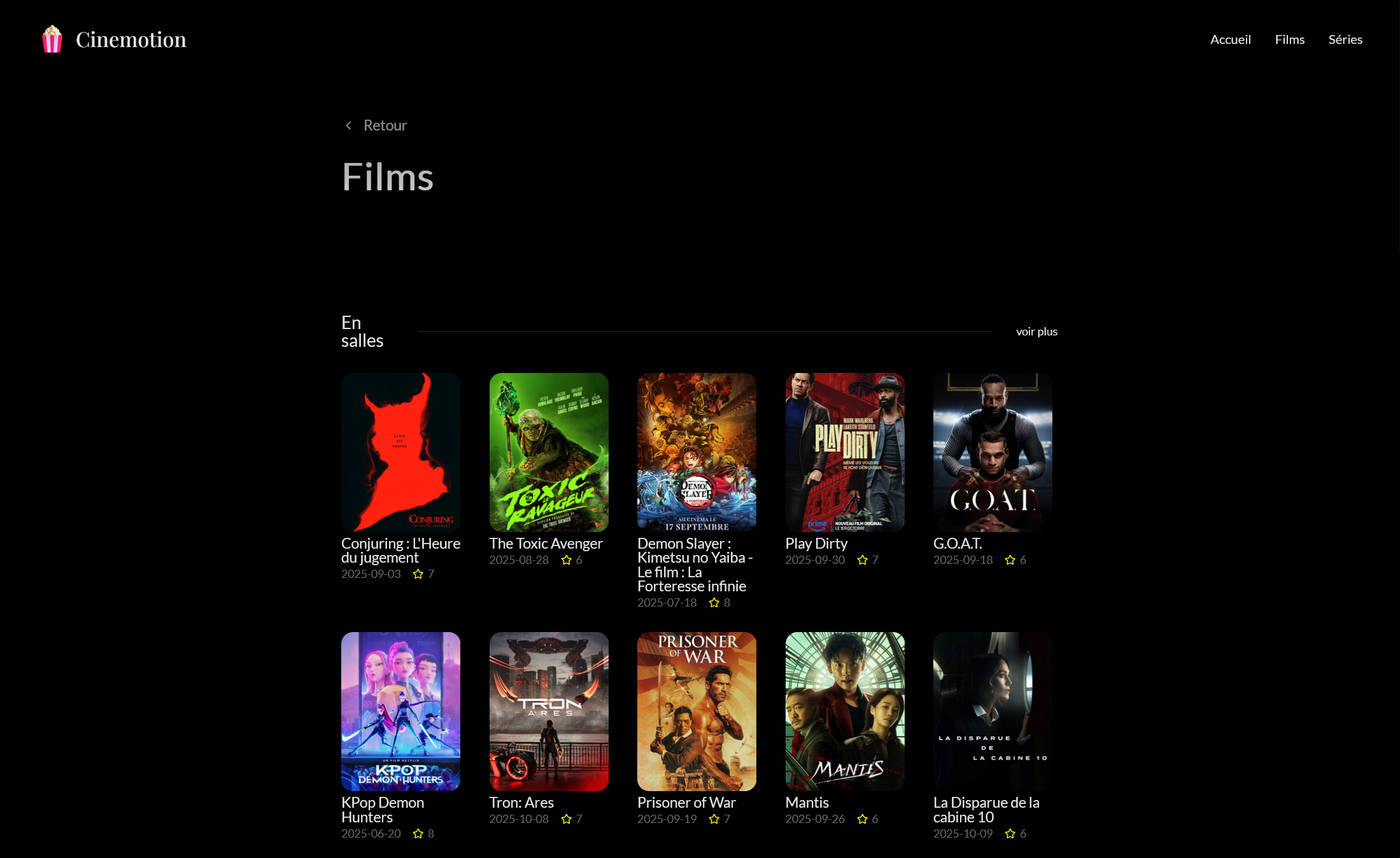 Page listant les films en salles et populaires
